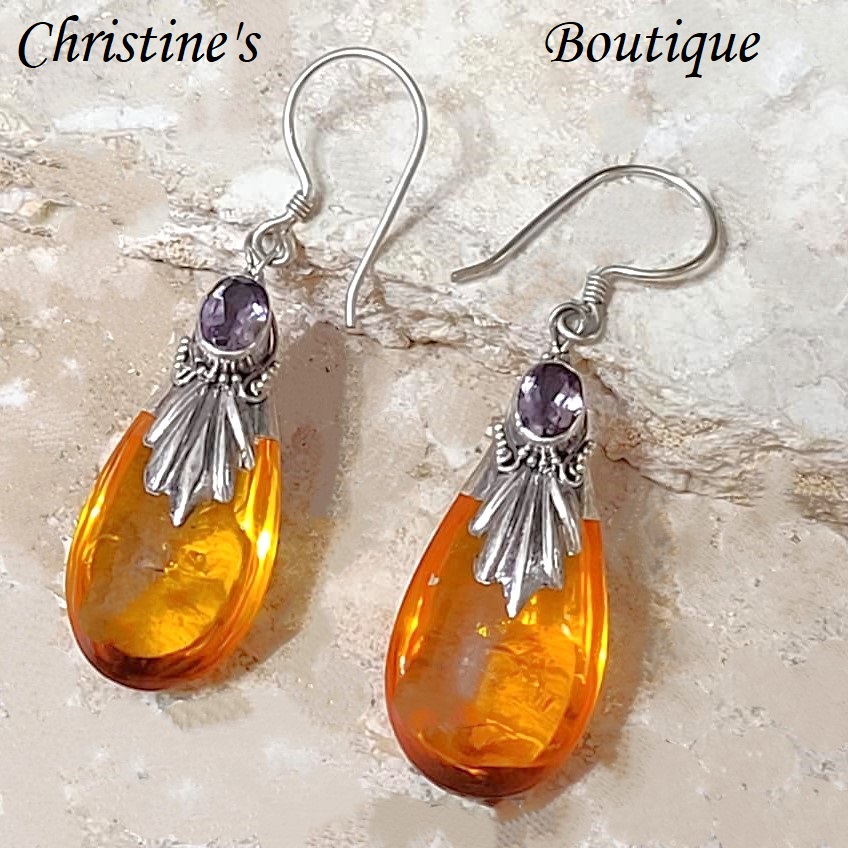 Amber & Amethyst Gemstone Drop 925 Sterling Silver Earrings - Click Image to Close