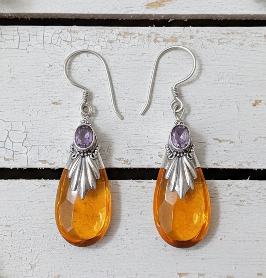 Amber and Amethyst Gemstone Drop 925 Sterling Silver Earrings