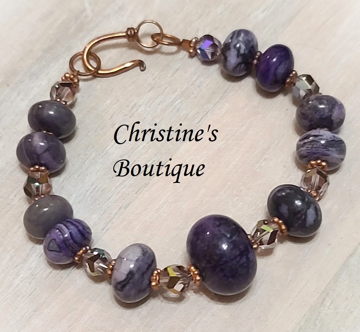 Purple agate bracelet, gemstone beads, crystal accents w copper - Click Image to Close