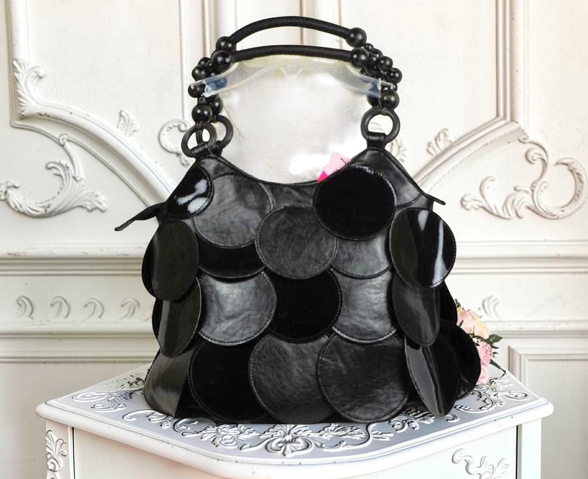 Black Circle Paten Leather & Satin Finish Fashion Handbag