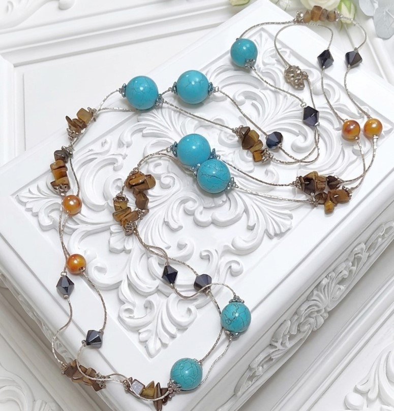 Gemstone fashion necklace, 60" long, Howalite, turquoise, tiger eye and dyed pearls
