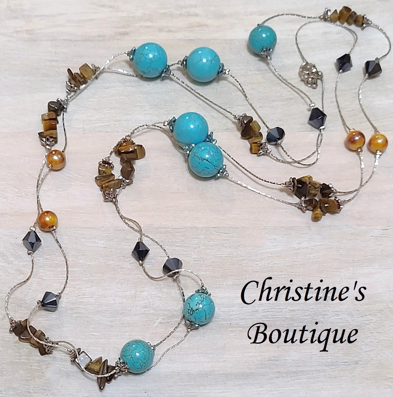 Gemstone fashion necklace, 60" long, Howalite, turquoise, tiger eye and dyed pearls - Click Image to Close