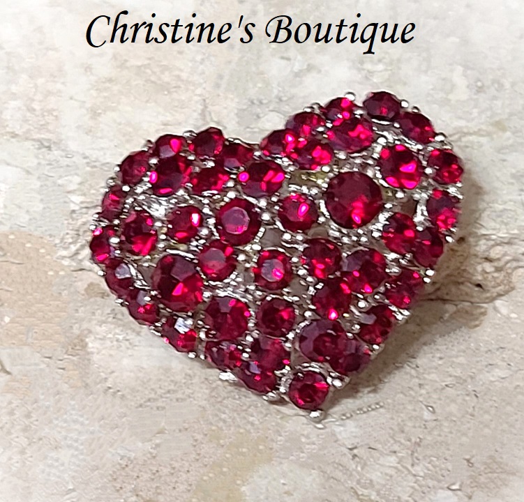 Heart brooch, red rhinestone pave style setting heart