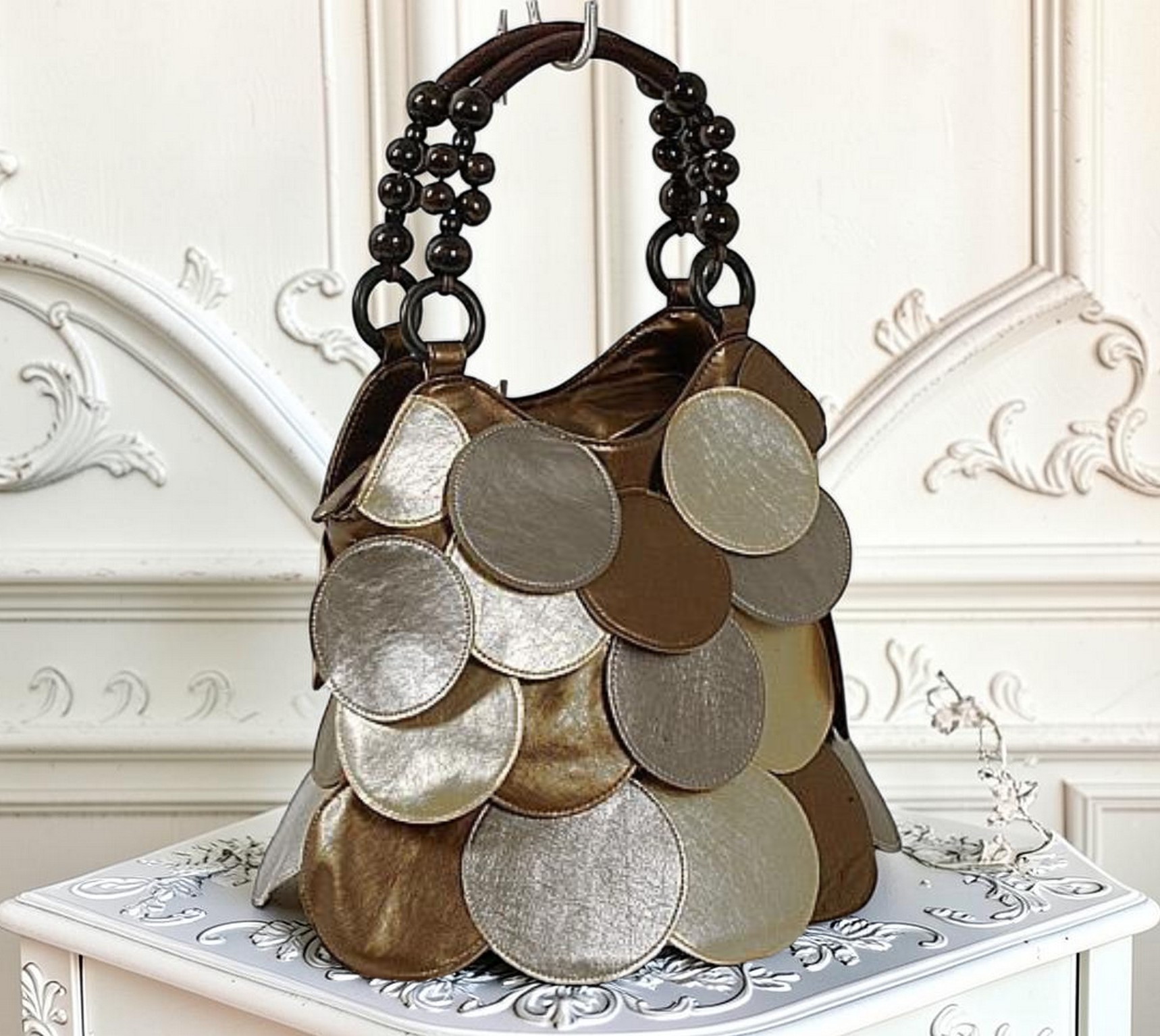 Metallic Circle Design Leatherette Handbag With Beaded Straps
