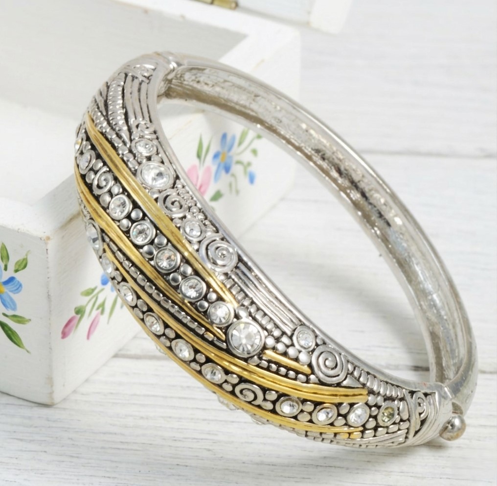 Rhinestone bangle bracelet, two tone gold and silver fashion bracelet