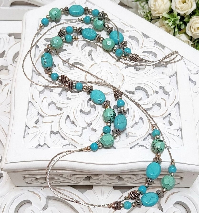 Howilite and turquoise necklace, fashion 60" gemstone long necklace