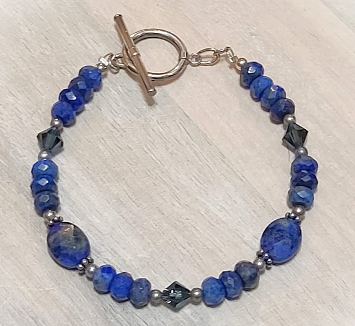Blue Denim Lapis, Austrian Crystals 925 Sterling Silver Bracelet