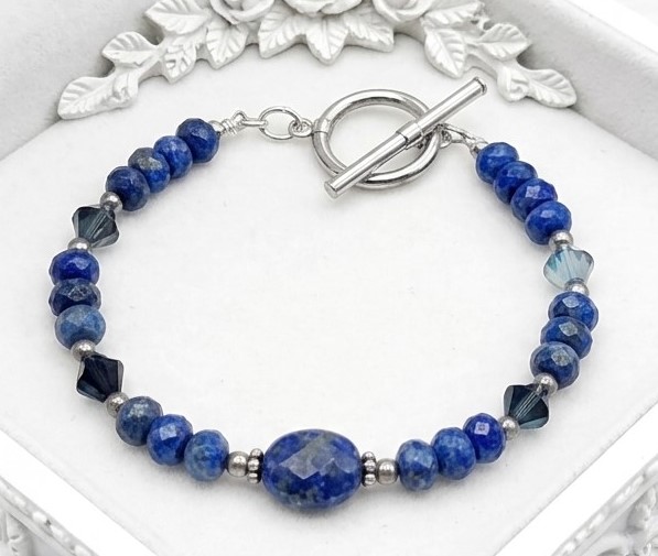 Blue Denim Lapis, Austrian Crystals 925 Sterling Silver Bracelet