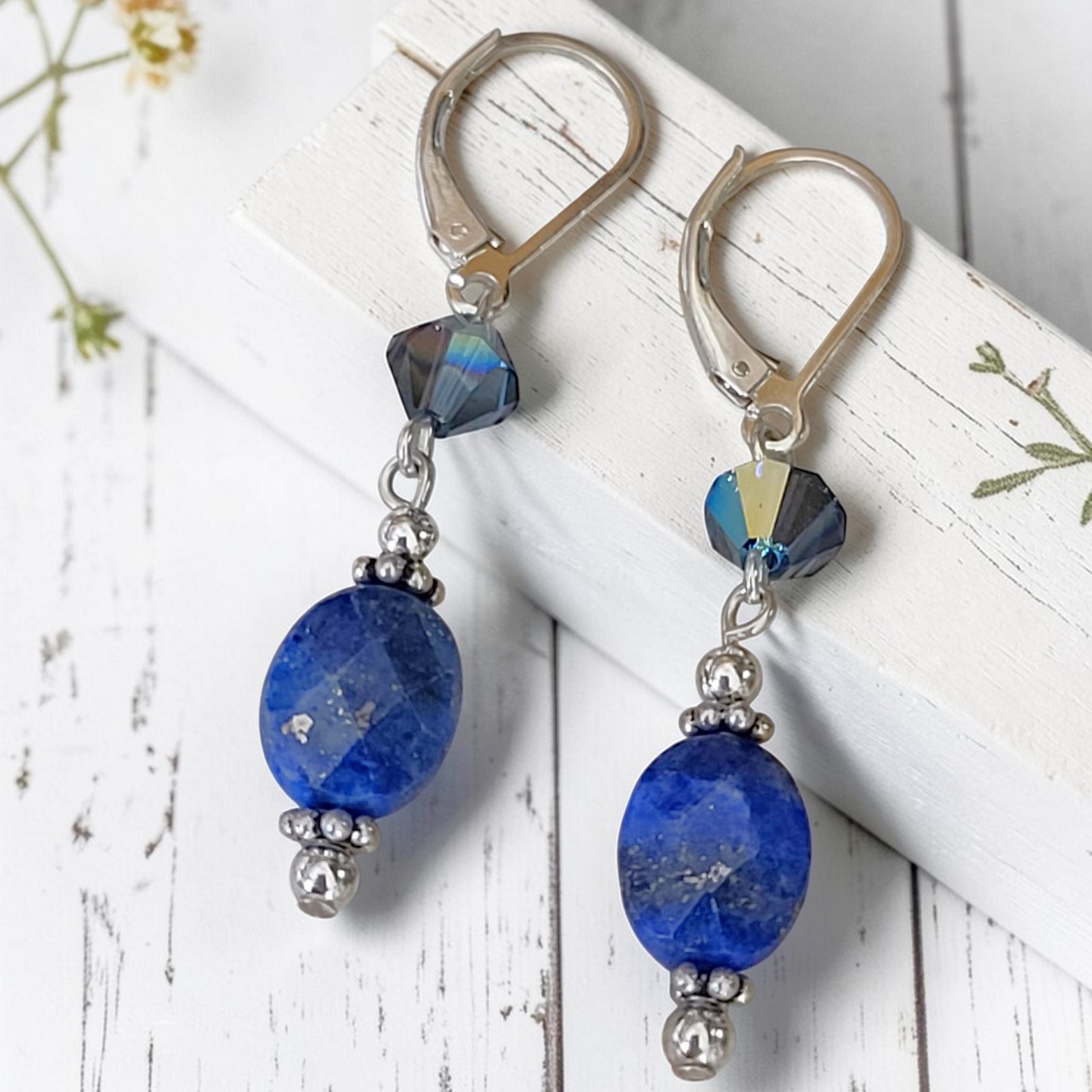 Denim Blue Lapis & Crystals 925 Sterling Silver Earrings