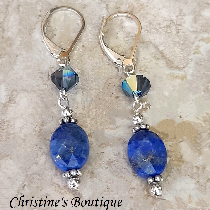 Denim Blue Lapis & Crystals 925 Sterling Silver Earrings - Click Image to Close