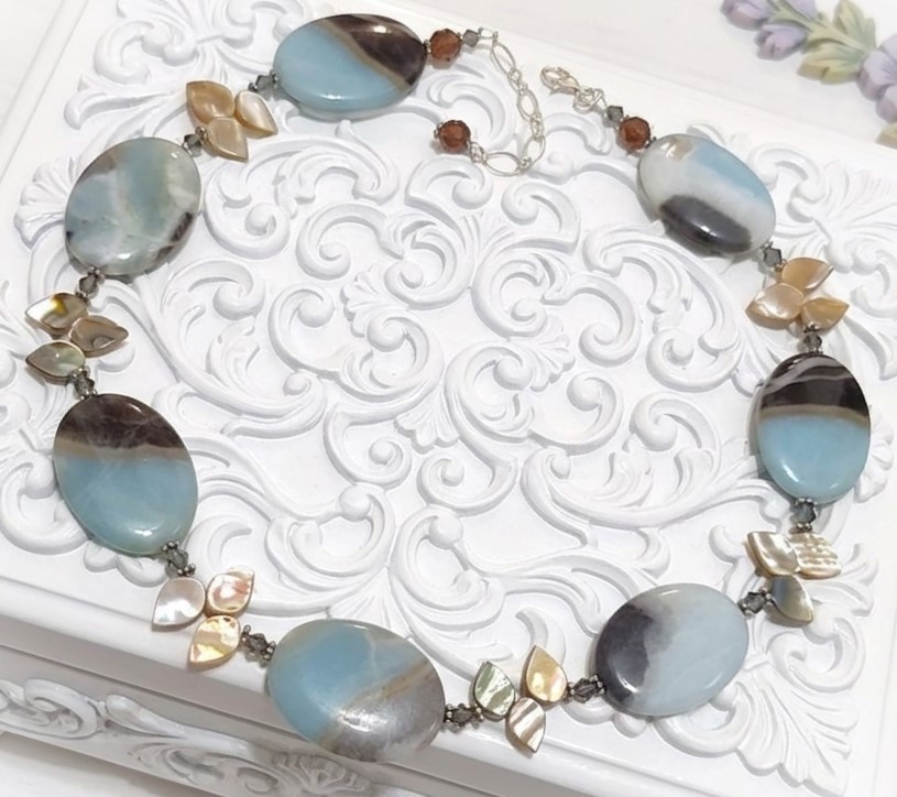 Gemstone necklace, amazonite, abalone shell, austrian crystals accents with sterling silver clasp/extender