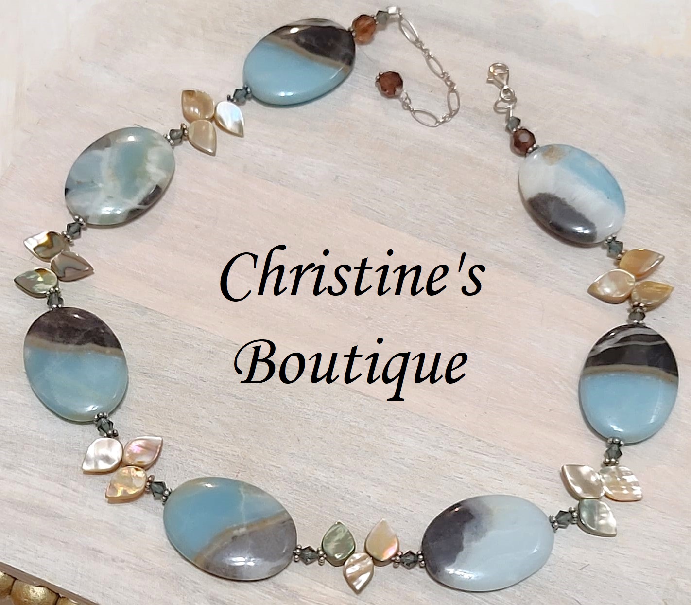 Gemstone necklace, amazonite, abalone shell, austrian crystals accents with sterling silver clasp/extender