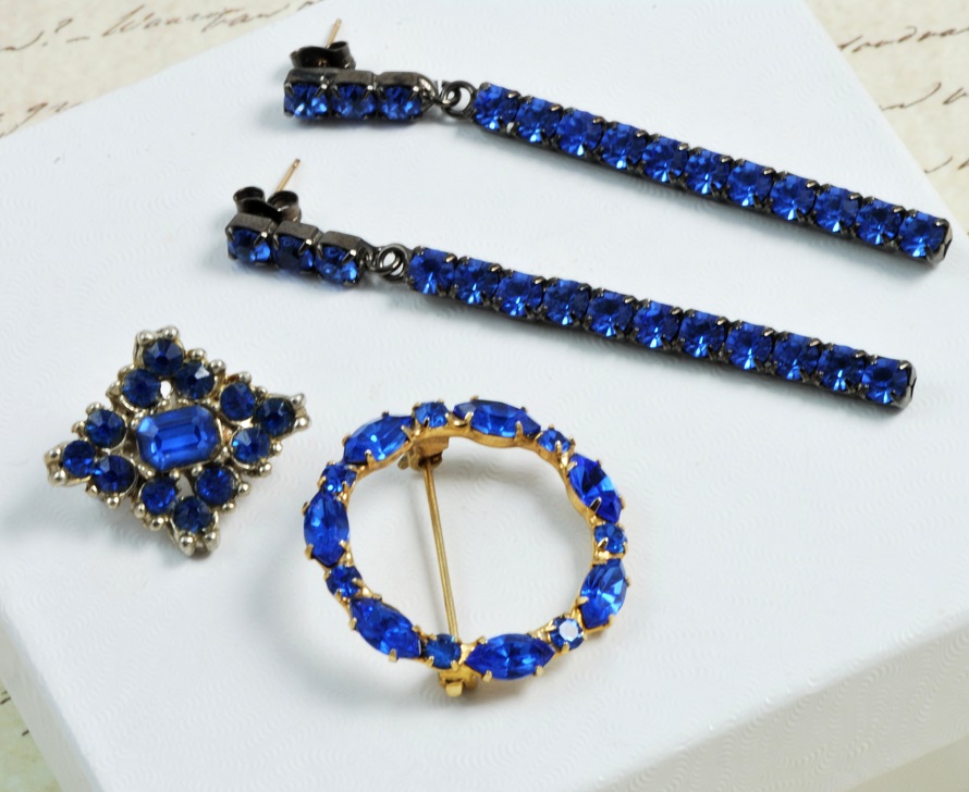 Blue Rhinestone Pierced Earrings & Two Blue Scatter Pins