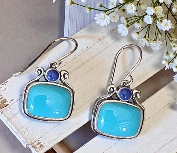 Lapis & Turquoise Gemstone 925 Sterling Silver Square Earrings