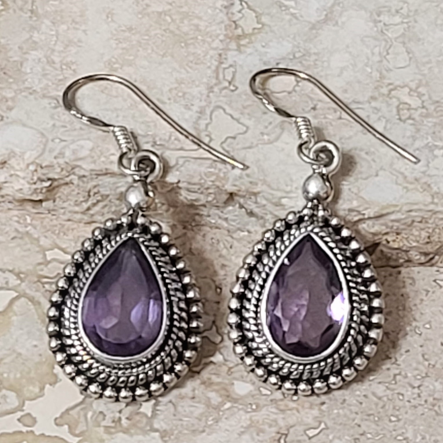 Amethyst Gem Oxidized 925 Sterling Silver French Wire Earrings - Click Image to Close