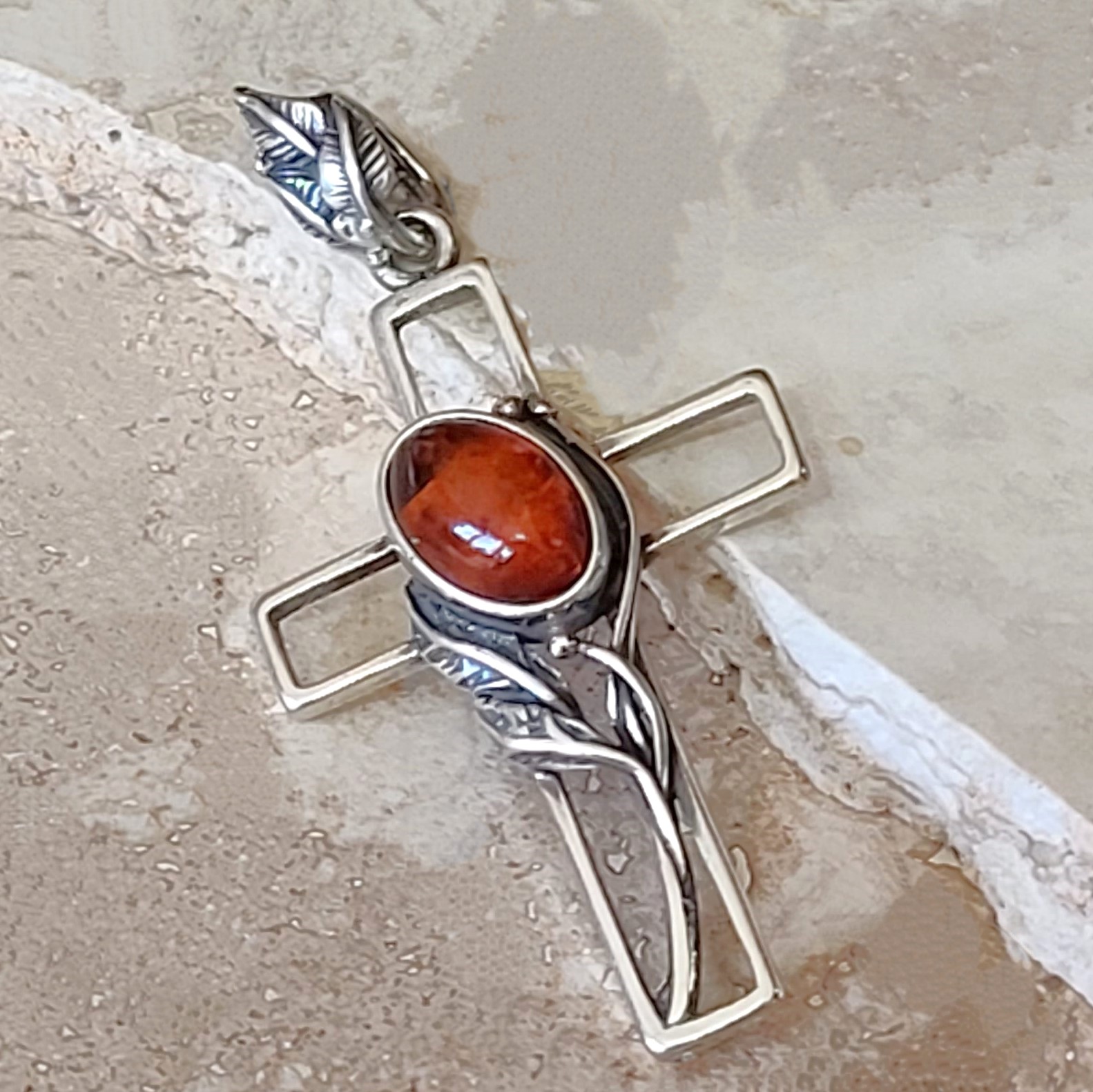 Amber gemstone cross pendant, 925 sterling silver