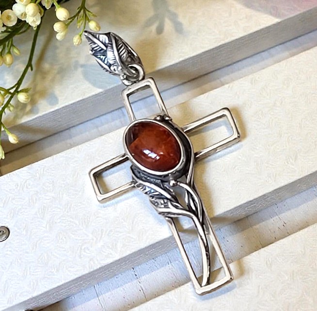 Amber gemstone cross pendant, 925 sterling silver