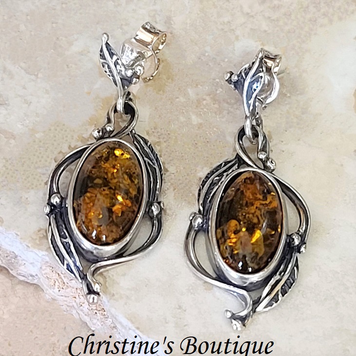 Amber earrings, baltic amber, leaf accents, set in 925 sterling silver
