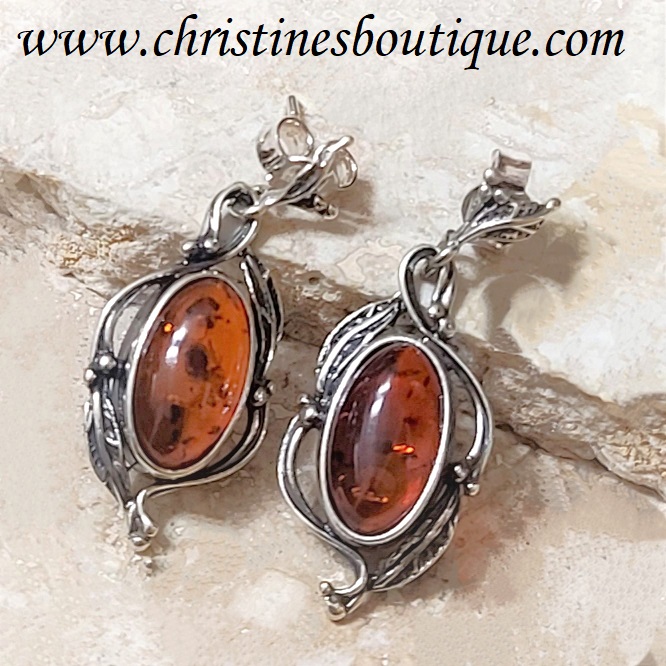 Amber earrings, baltic amber, leaf accents, set in 925 sterling silver - Click Image to Close