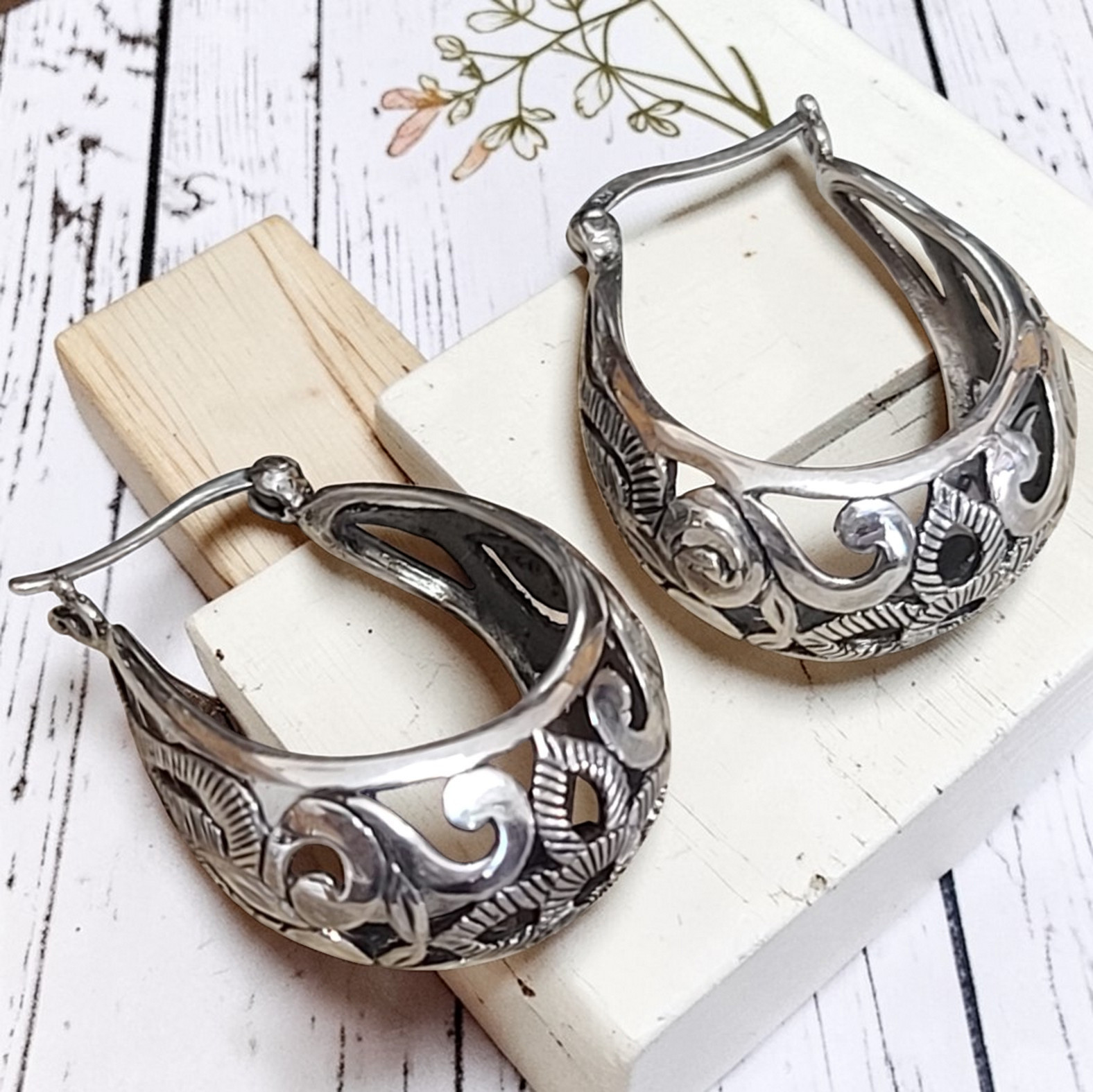 Rhodium Plated Sterling SilverScroll Floral Design Hoop Earrings