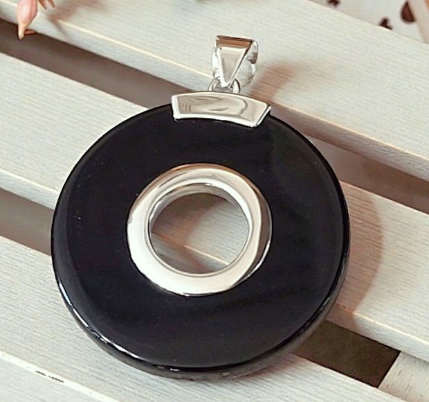 Black Onyx and 925 Sterling Silver Cut out Disc Pendant