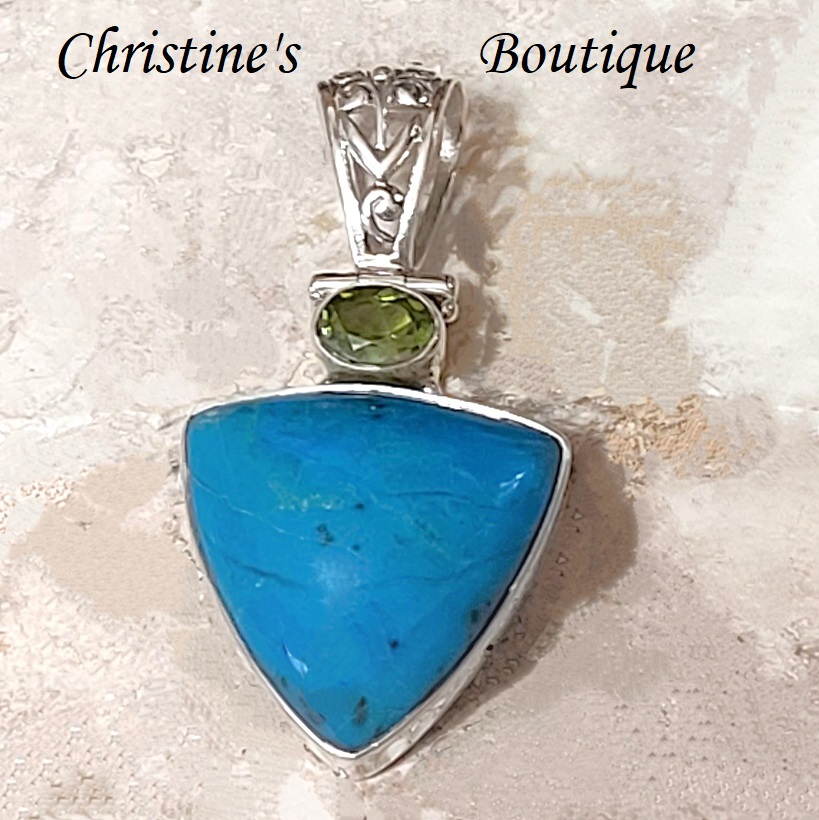 Chrysocolla and Peridot Gemstone 925 Sterling Silver Pendant - Click Image to Close