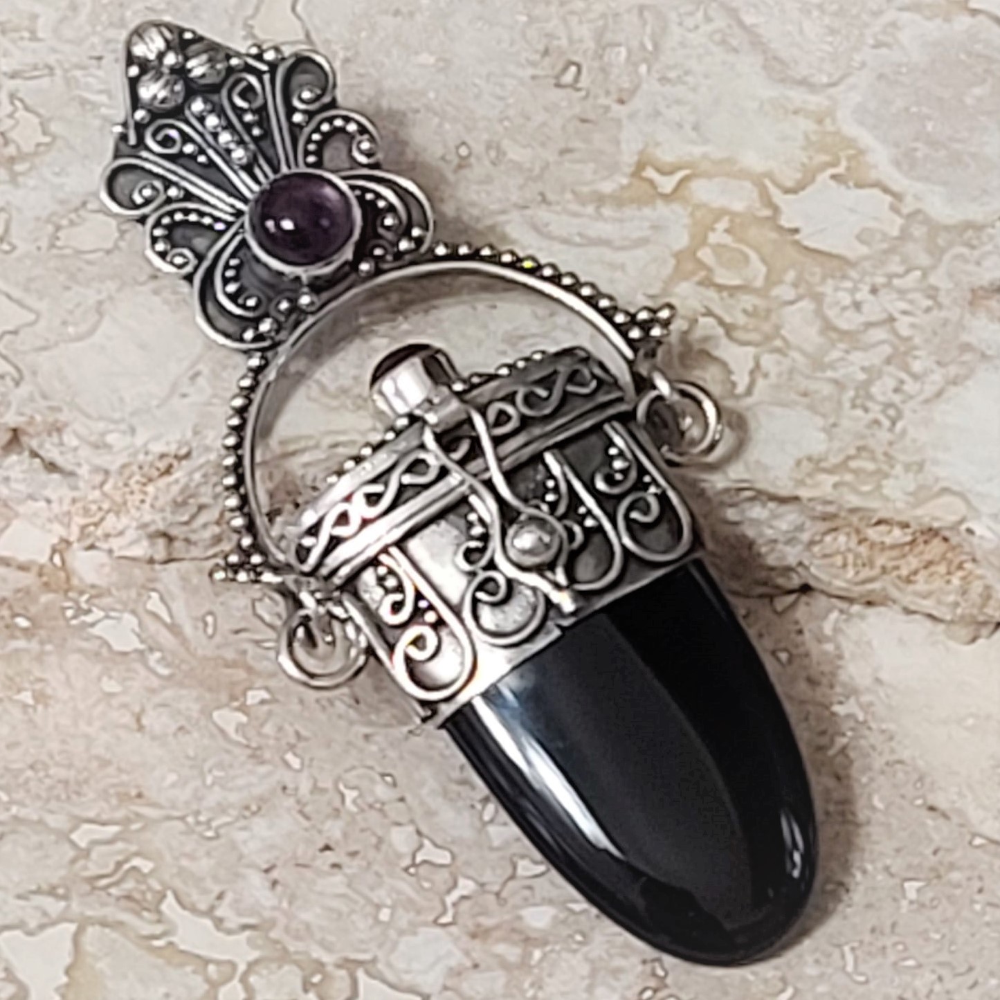 Black Onyx Compartment Slide with Amethyst Pendant