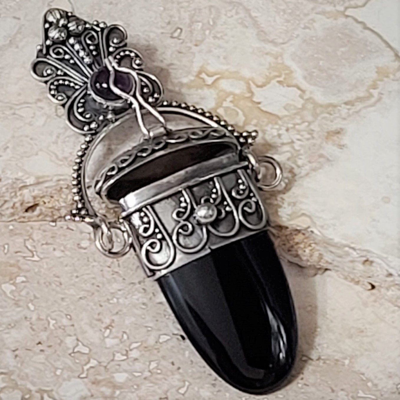 Black Onyx Compartment Slide with Amethyst Pendant