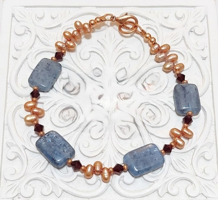 Gemstone Bracelet with Kyanite Mineral and Freshwater Pearls