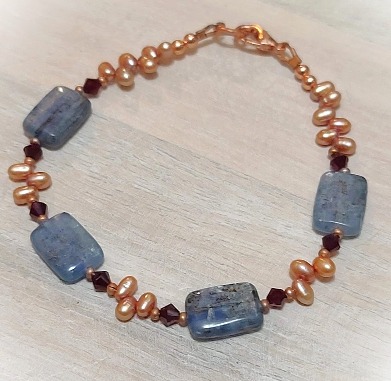 Gemstone bracelet, kyanite mineral, freshwater pearls & crystal