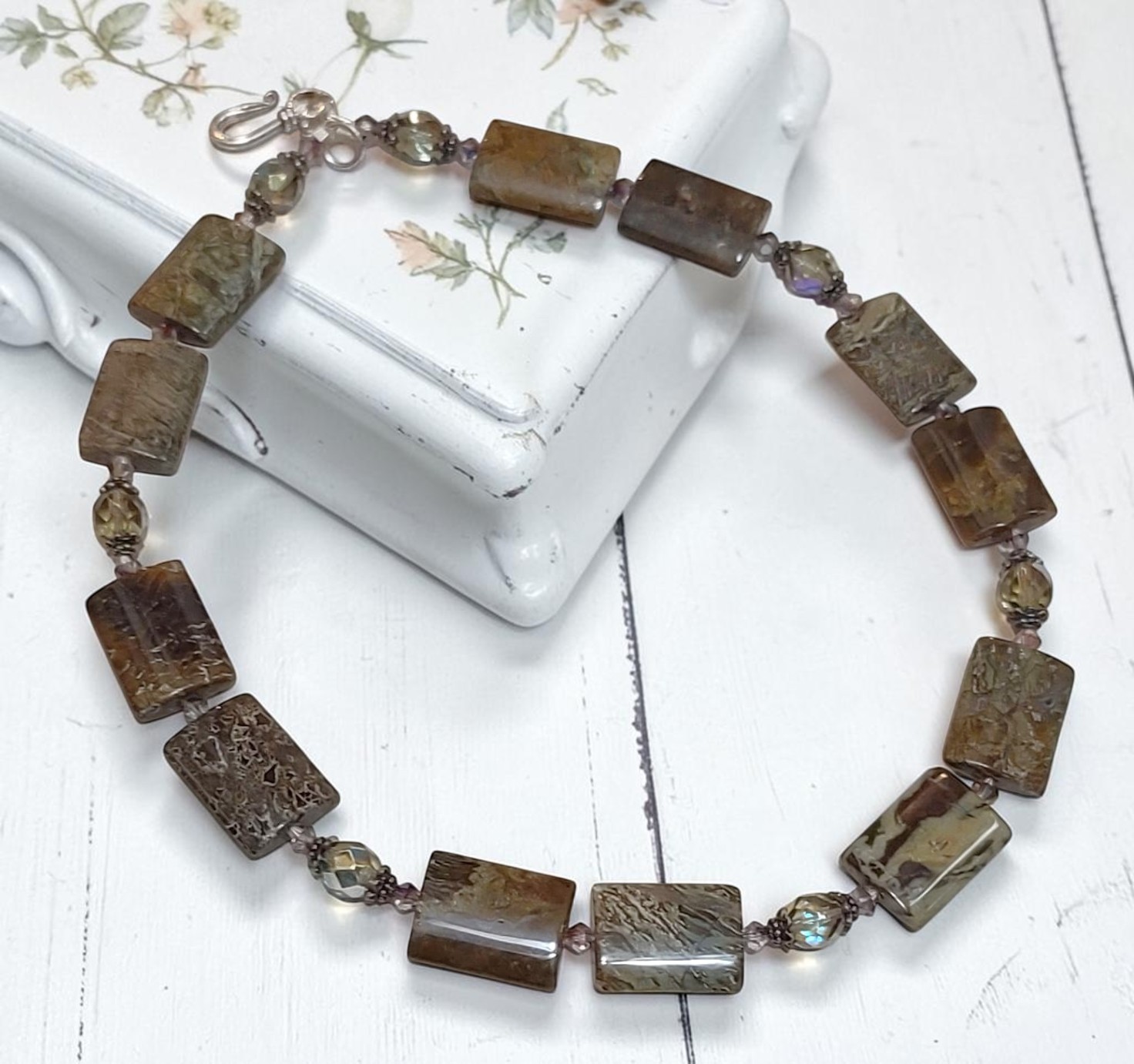 Gemstone link necklace, green jasper, austrian crystals, sterling silver spacers and clasp