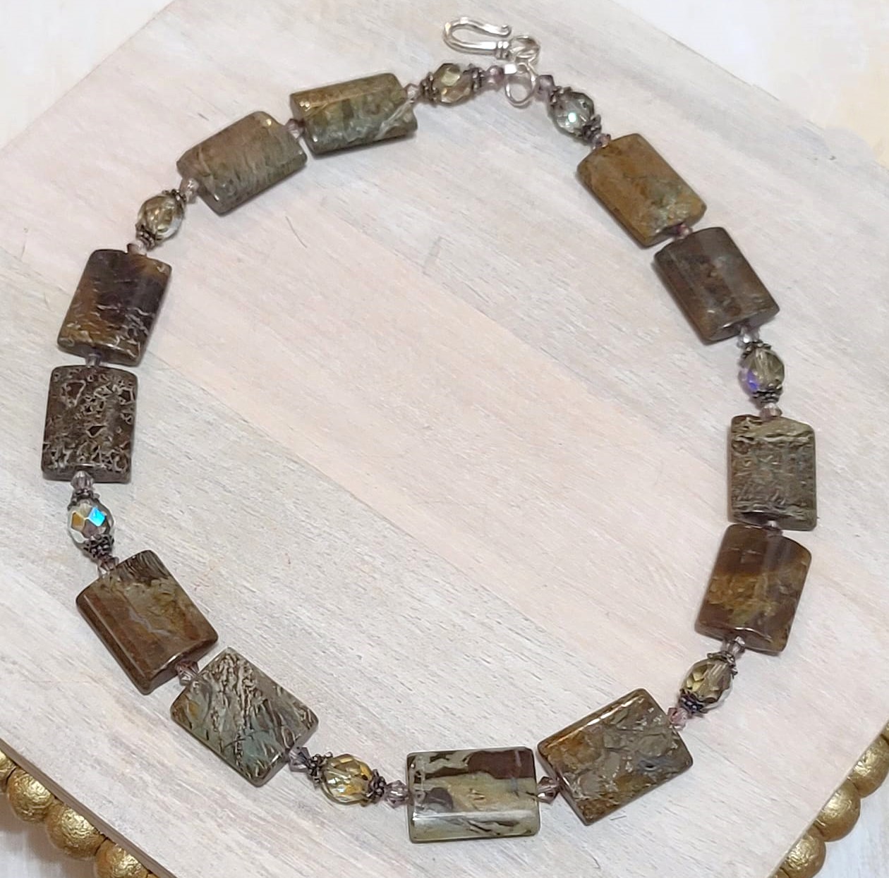 Gemstone link necklace, green jasper, austrian crystals, sterling silver spacers and clasp