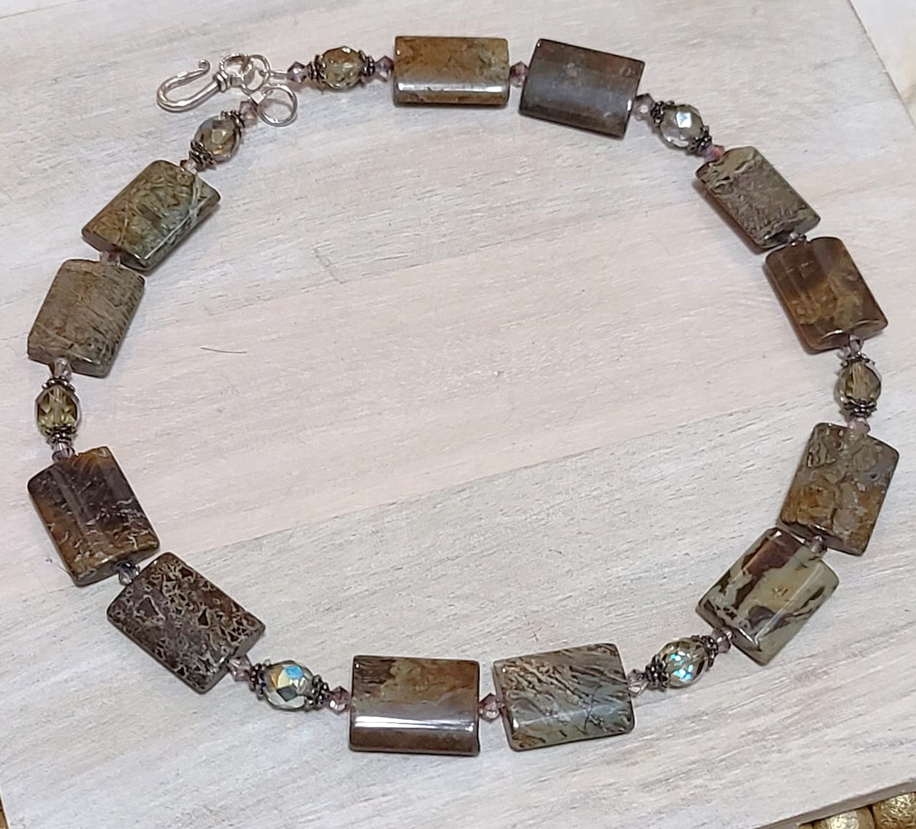 Gemstone link necklace, green jasper, austrian crystals, sterling silver spacers and clasp