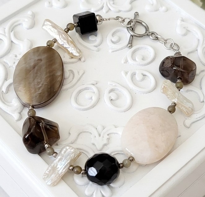 Gemstone Bracelet, Peach Quartz, Smokey Quartz, Onyx Handcrafted
