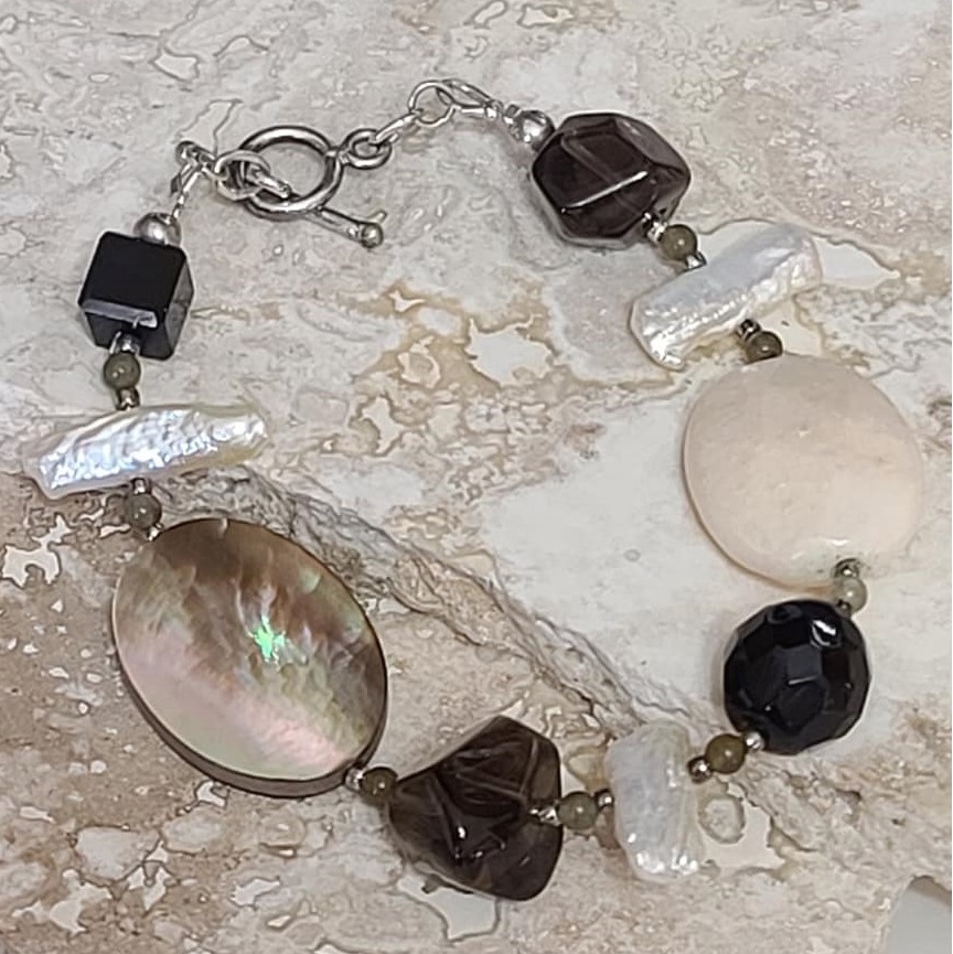 Peach Quartz, Smokey Quartz, Onyx 925 Sterling Silver Bracelet - Click Image to Close