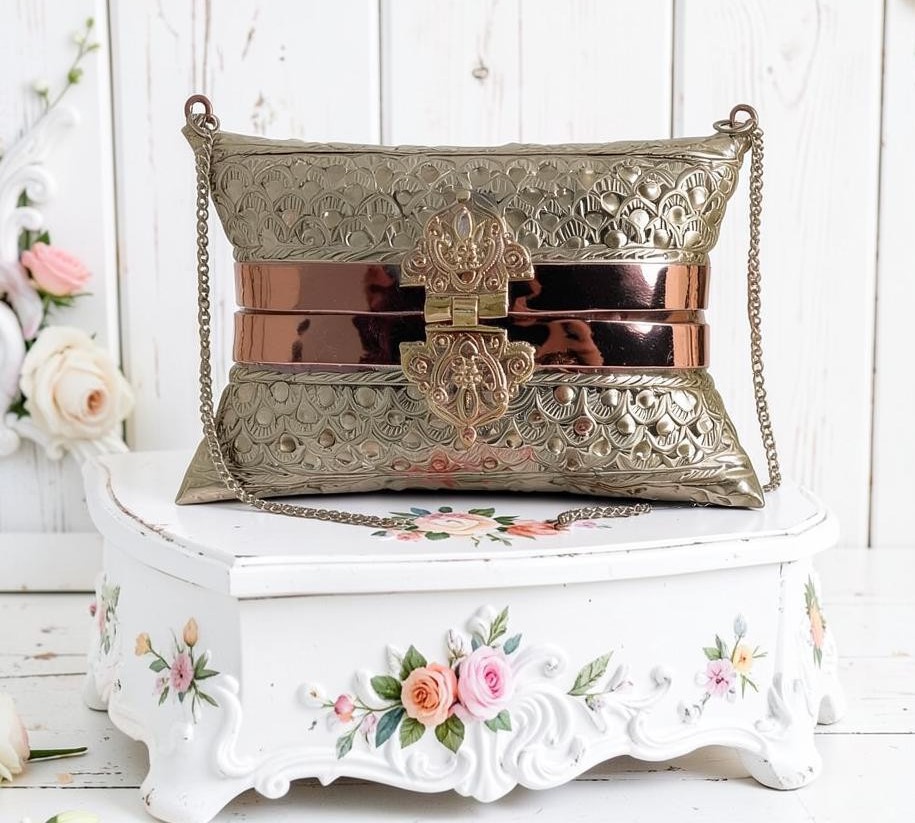 Vintage hard case purse, copper accents, metal purse, ethnic purse, hard cased purse with chain strap
