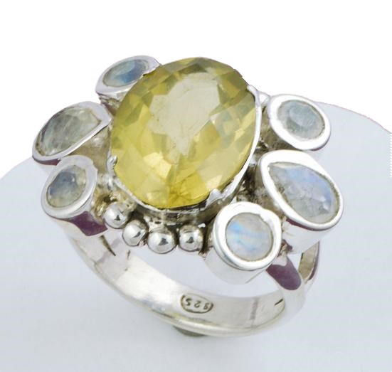 Moonstone & Citrine Quartz Gems 925 Sterling Silver Ring 8 1/4