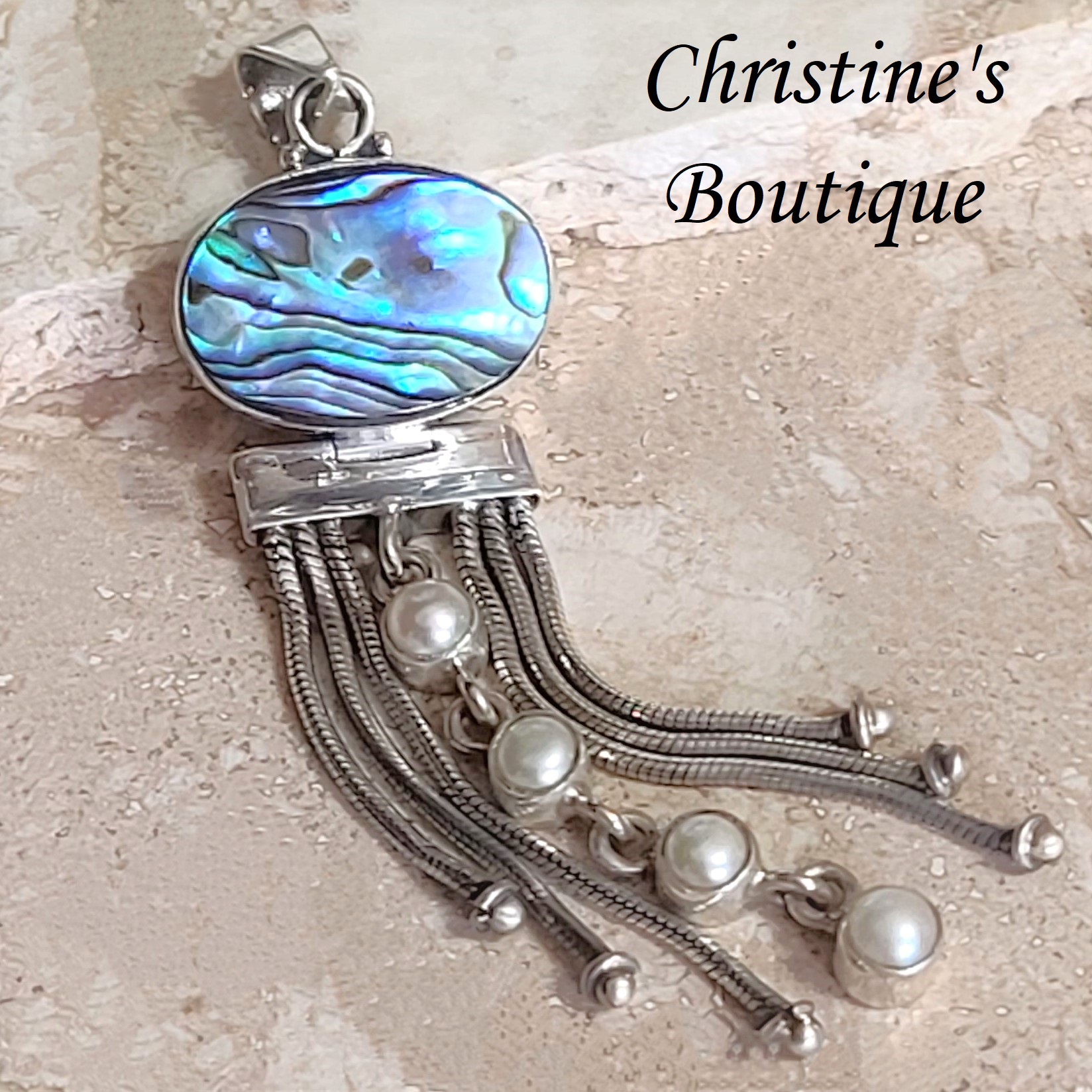 Abalone and pearl pendant with sterling silver dangle fringe, 925 sterliing silver