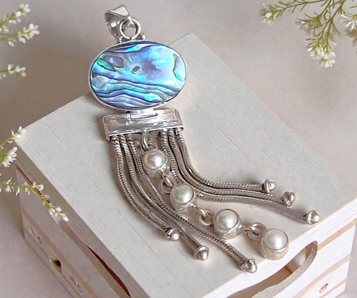Abalone and pearl pendant with sterling silver dangle fringe, 925 sterliing silver