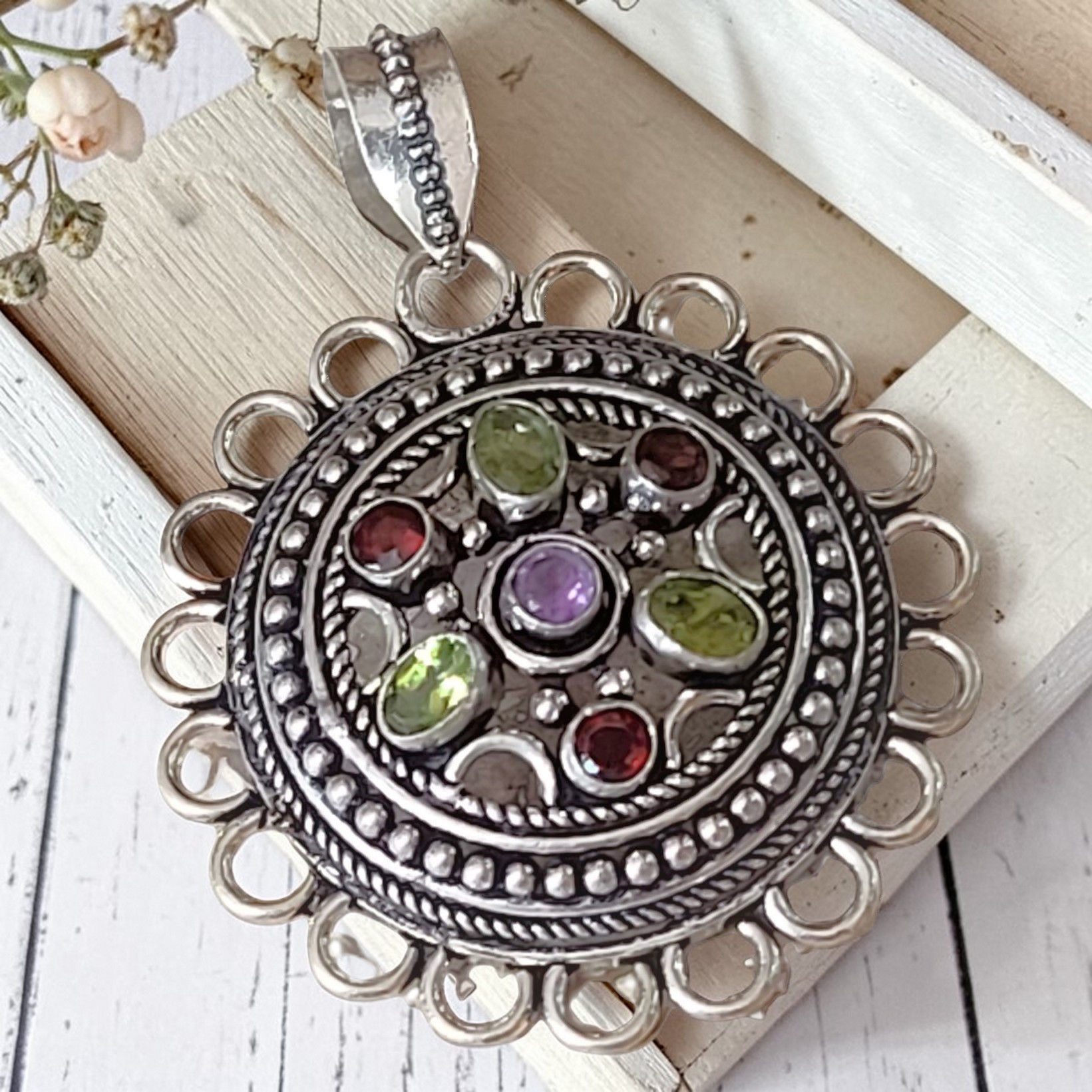 Multi Gemstone Filigree Round Pendant 925 Sterling Silver