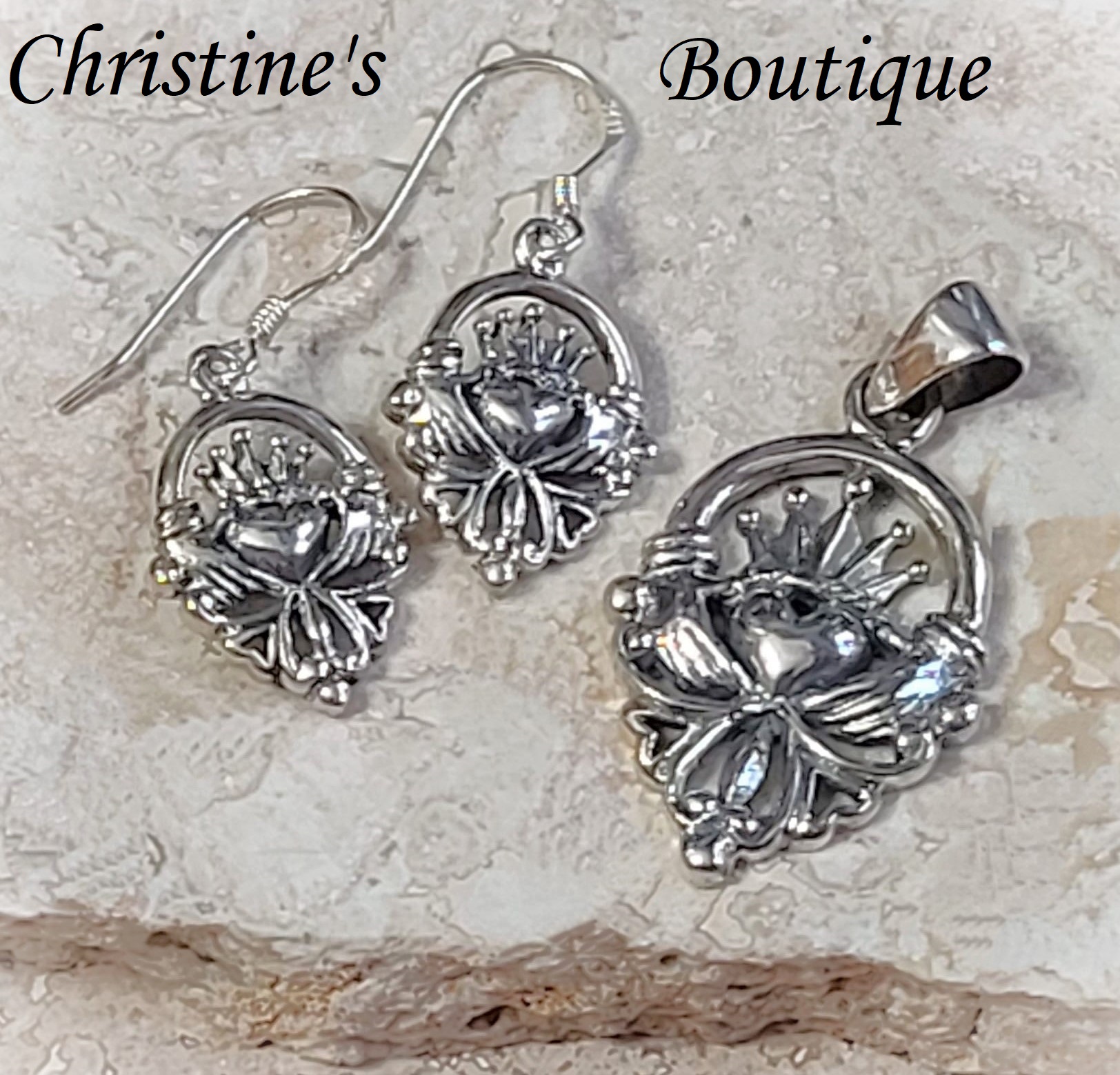 Irish Claddagh 925 Sterling Silver Pendant & Earrings Set - Click Image to Close