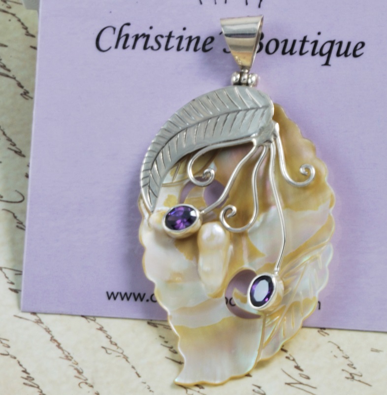 Mop Shell with Amethyst Gemstones 925 Sterling Silver Pendant