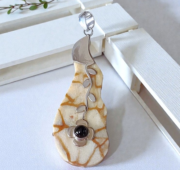 Sponge Coral & Black Onyx Artisan Made Sterling Silver Pendant