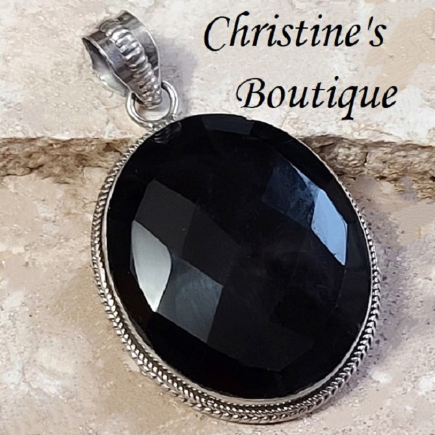 Black agate pendant, gemstone center set in sterling silver 2 3/8"