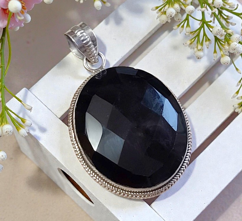 Black agate pendant, gemstone center set in sterling silver 2 3/8"