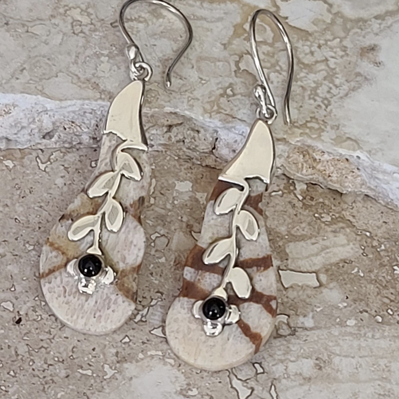 Sponge Coral and Onyx Sterling Silver Earrings