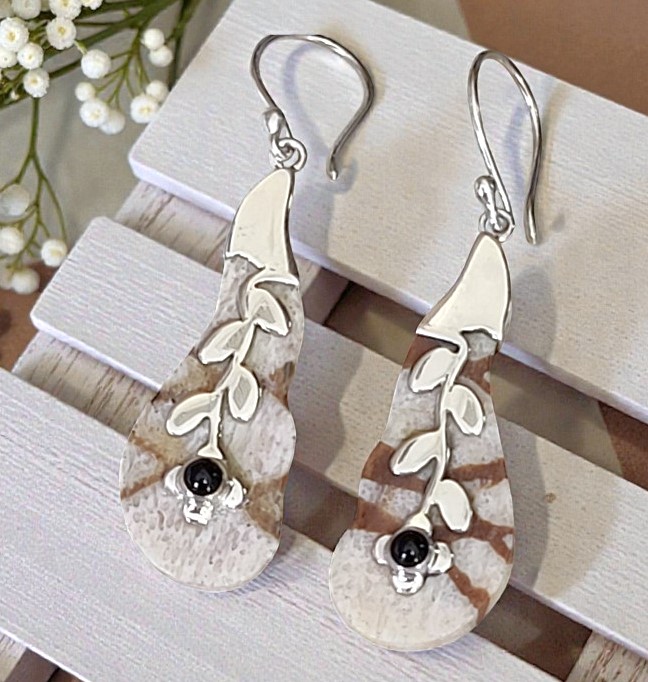 Sponge Coral and Onyx Sterling Silver Earrings