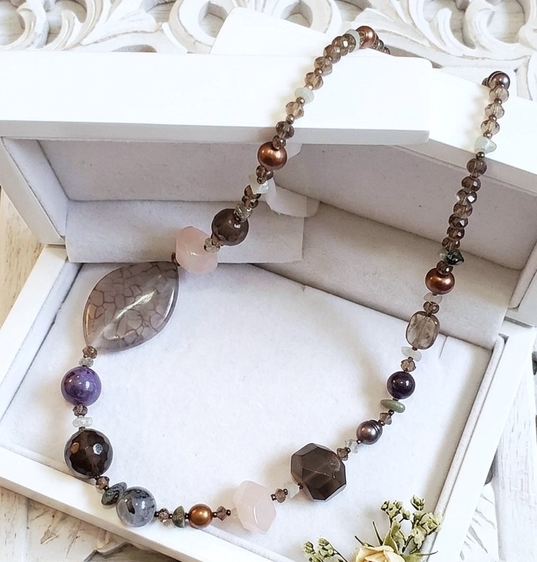 Amethyst,Smokey Quartz,Tourmaline, Pearls Sterling Silver Neckla