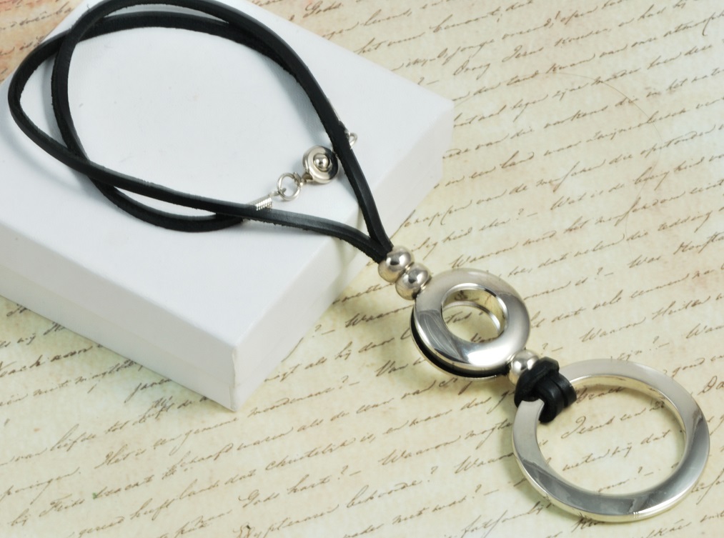 Black Leather and Stainless Steel Modern Necklace 19"