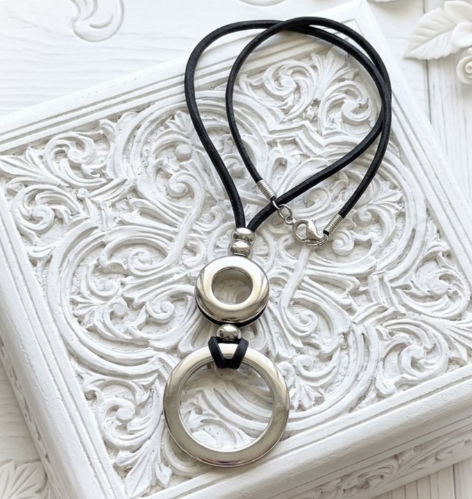 Modernist necklace handcrafted necklace, black leather and stainless steel 19" necklace